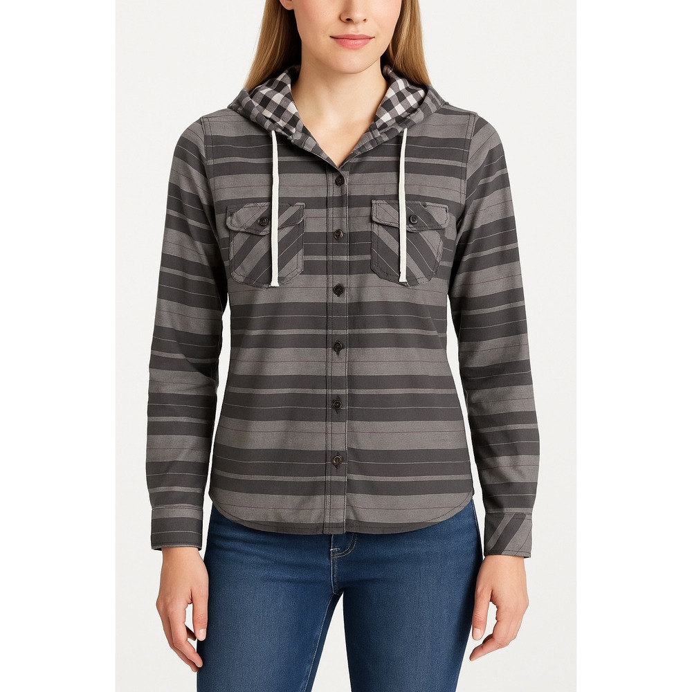 Columbia Womens Hooded Shirt Gray Striped Button Down Top XS Casual